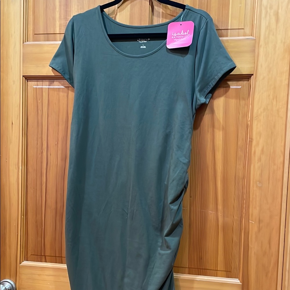 ISABEL MATERNITY TEE DRESS WITH SIDE RUCHING  OLIVE GREE SIZE M